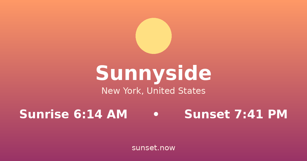 Sunrise & sunset times in Sunnyside, Nueva York — sunrise 6:14 AM, sunset 7:41 PM