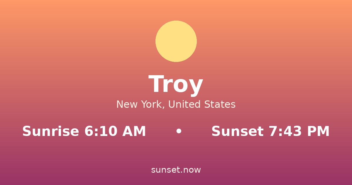 Sunrise & sunset times in Troy, Nueva York — sunrise 6:10 AM, sunset 7:43 PM