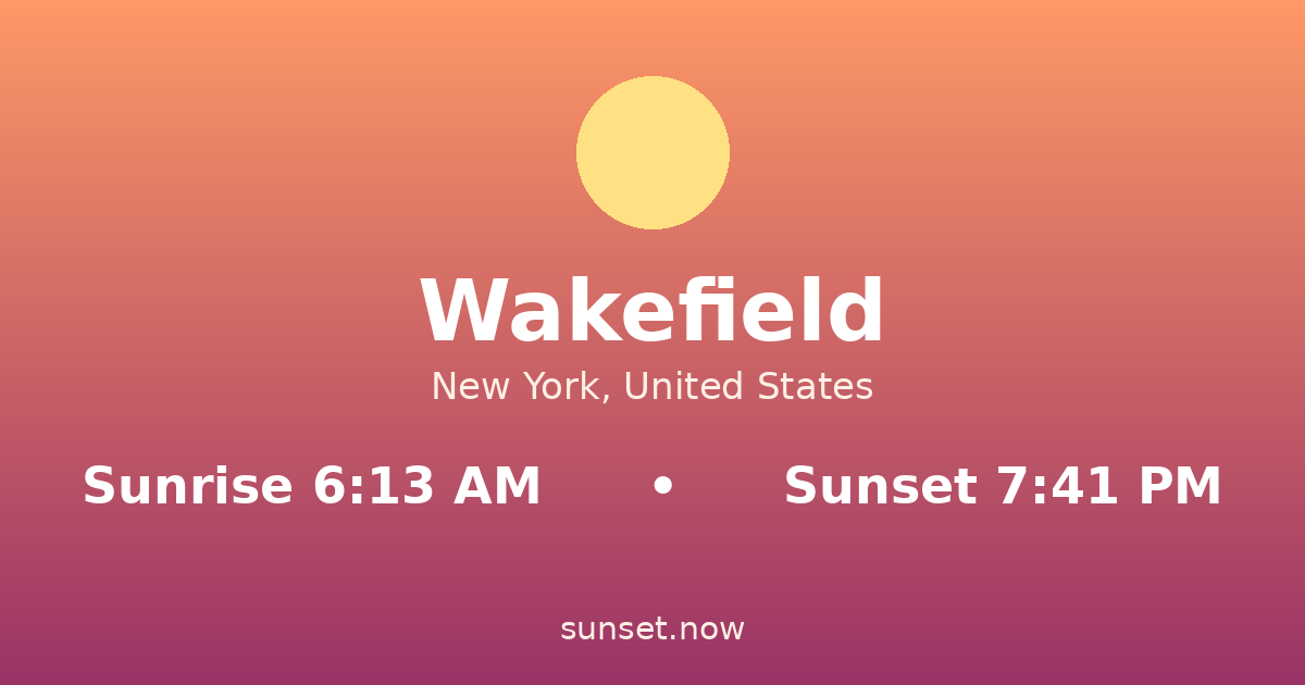 Sunrise & sunset times in Wakefield, Nueva York — sunrise 6:13 AM, sunset 7:41 PM
