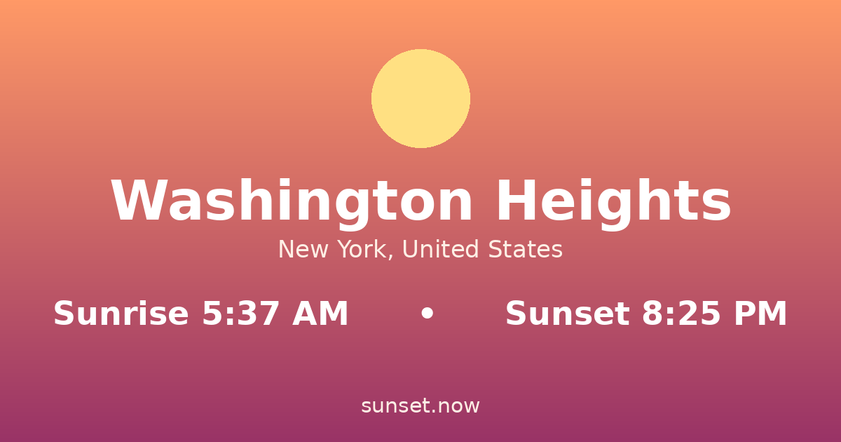 Sunrise & sunset times in Washington Heights, New York — sunrise 5:37 AM, sunset 8:25 PM