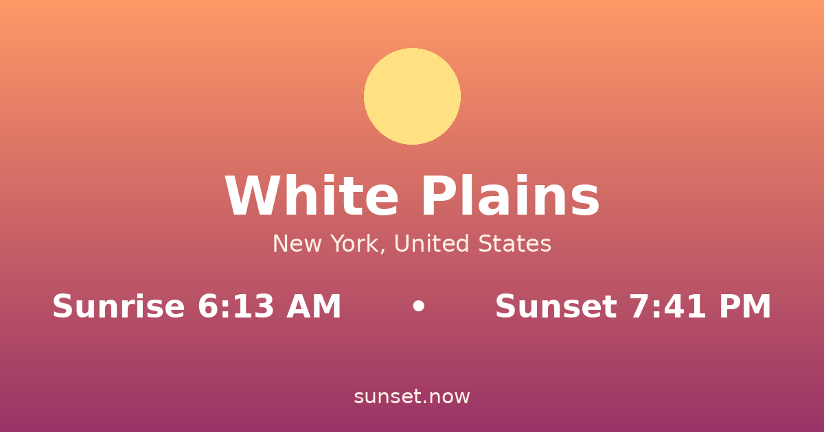 Sunrise & sunset times in White Plains, Nueva York — sunrise 6:13 AM, sunset 7:41 PM
