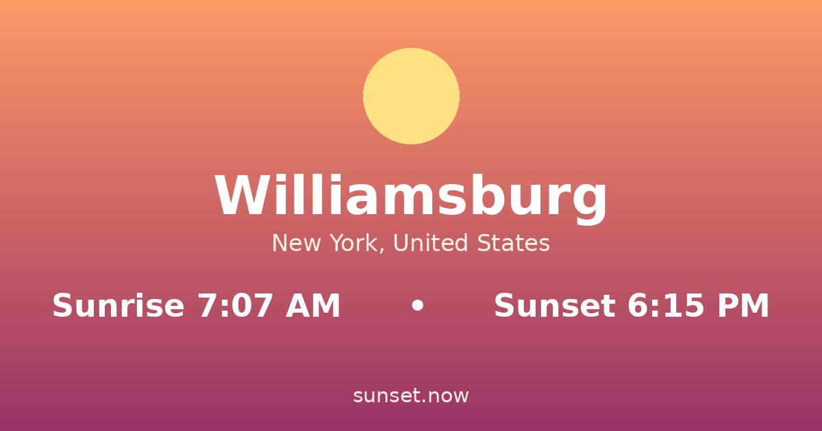 Sunrise & sunset times in Williamsburg, New York — sunrise 7:07 AM, sunset 6:15 PM