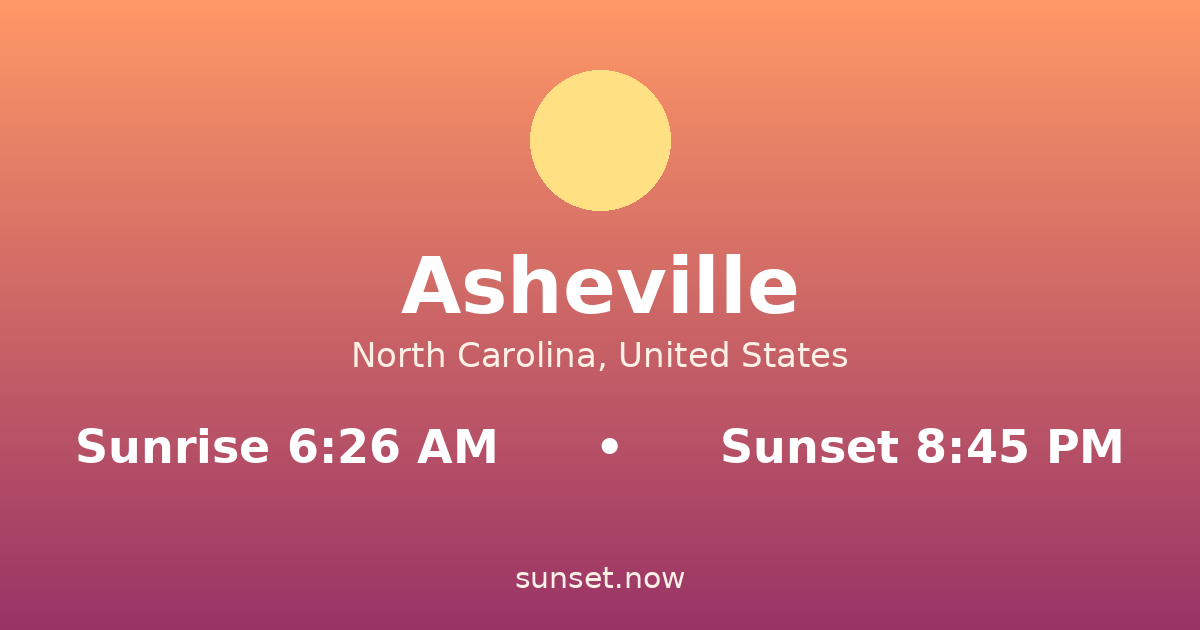 Sunrise & sunset times in Asheville, North Carolina — sunrise 6:26 AM, sunset 8:45 PM