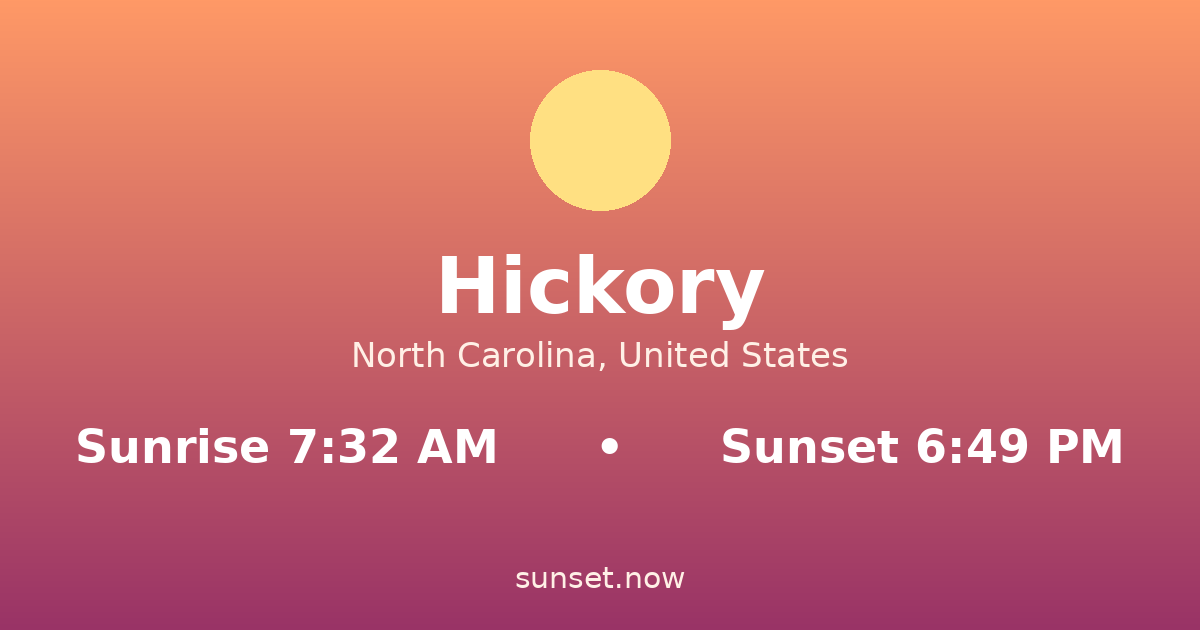 Sunrise & sunset times in Hickory, North Carolina — sunrise 7:32 AM, sunset 6:49 PM