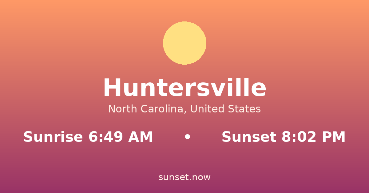 Sunrise & sunset times in Huntersville, Carolina del Norte — sunrise 6:49 AM, sunset 8:02 PM