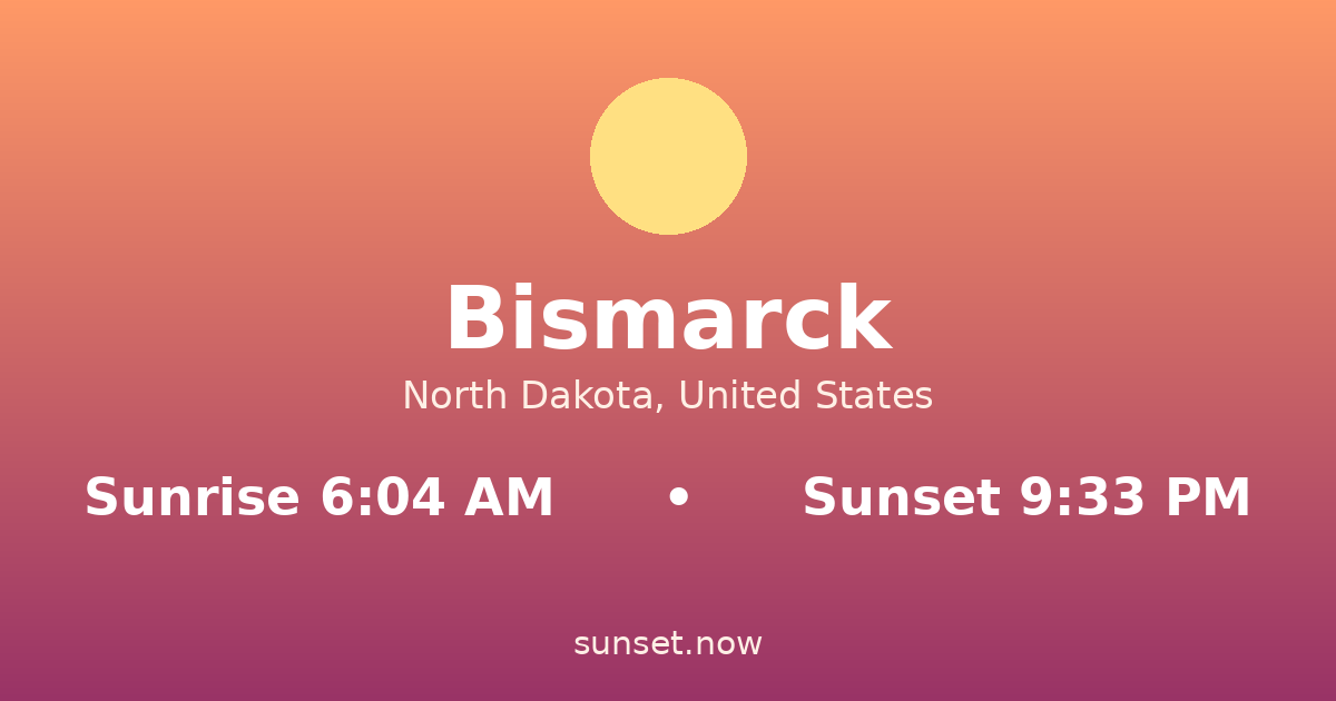 Sunrise & sunset times in Bismarck, North Dakota — sunrise 6:04 AM, sunset 9:33 PM