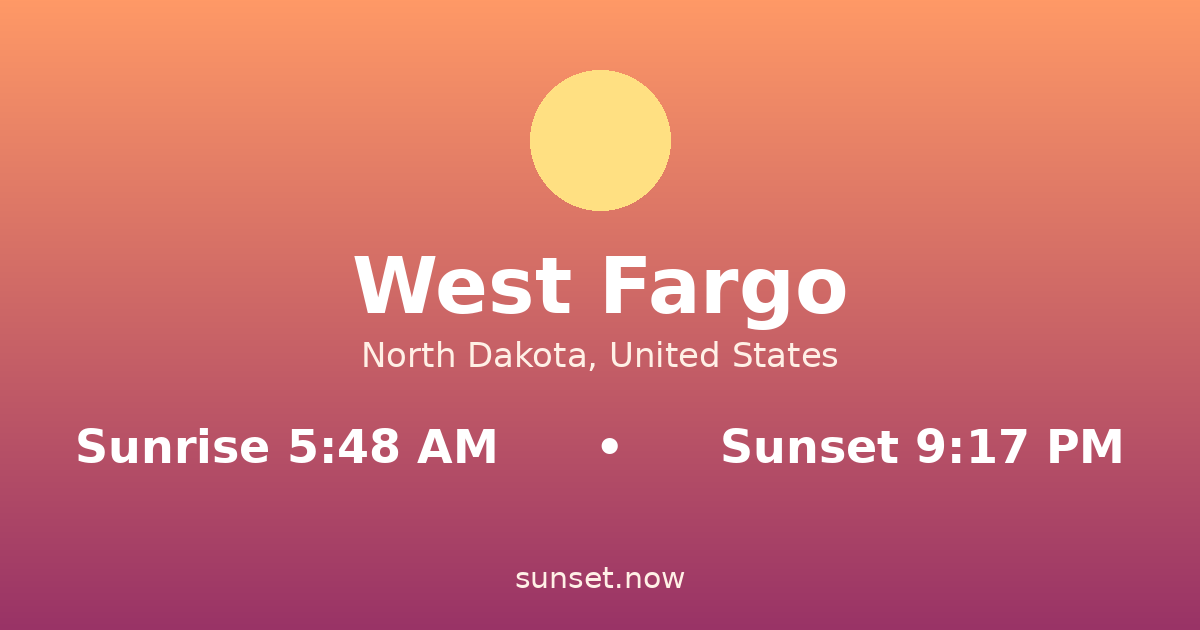 Sunrise & sunset times in West Fargo, North Dakota — sunrise 5:48 AM, sunset 9:17 PM