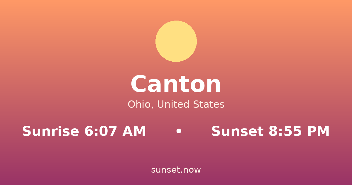 Sunrise & sunset times in Canton, Ohio — sunrise 6:07 AM, sunset 8:55 PM