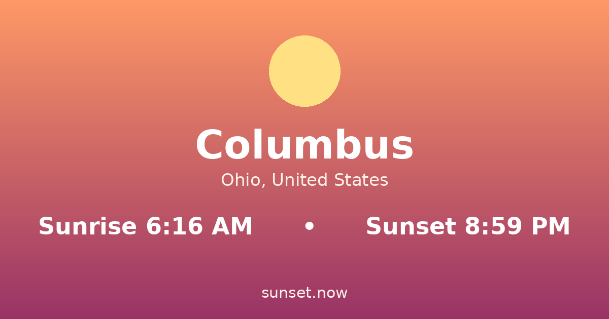 Sunrise & sunset times in Columbus, Ohio — sunrise 6:16 AM, sunset 8:59 PM