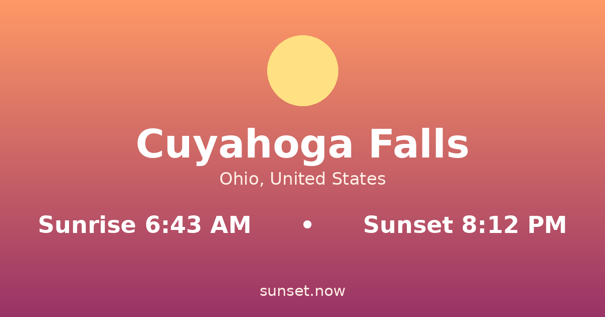 Sunrise & sunset times in Cuyahoga Falls, Ohio — sunrise 6:43 AM, sunset 8:12 PM
