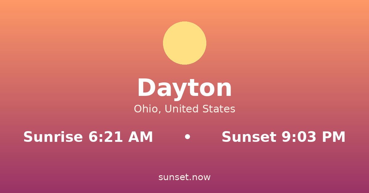 Sunrise & sunset times in Dayton, Ohio — sunrise 6:21 AM, sunset 9:03 PM