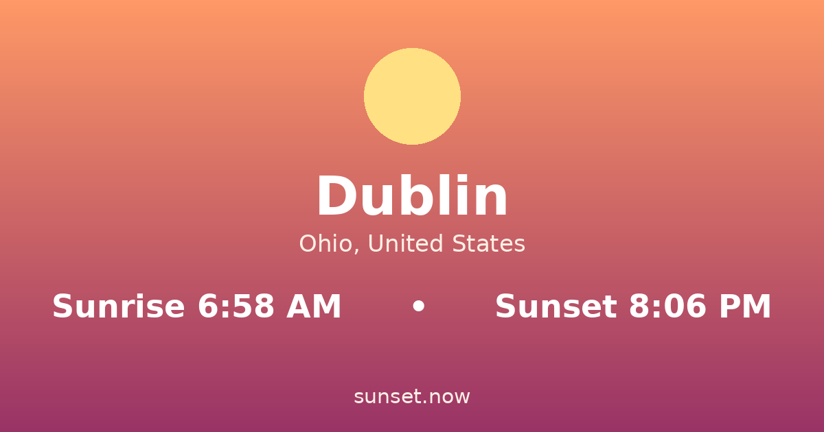 Sunrise & sunset times in Dublin, Ohio — sunrise 6:57 AM, sunset 8:08 PM
