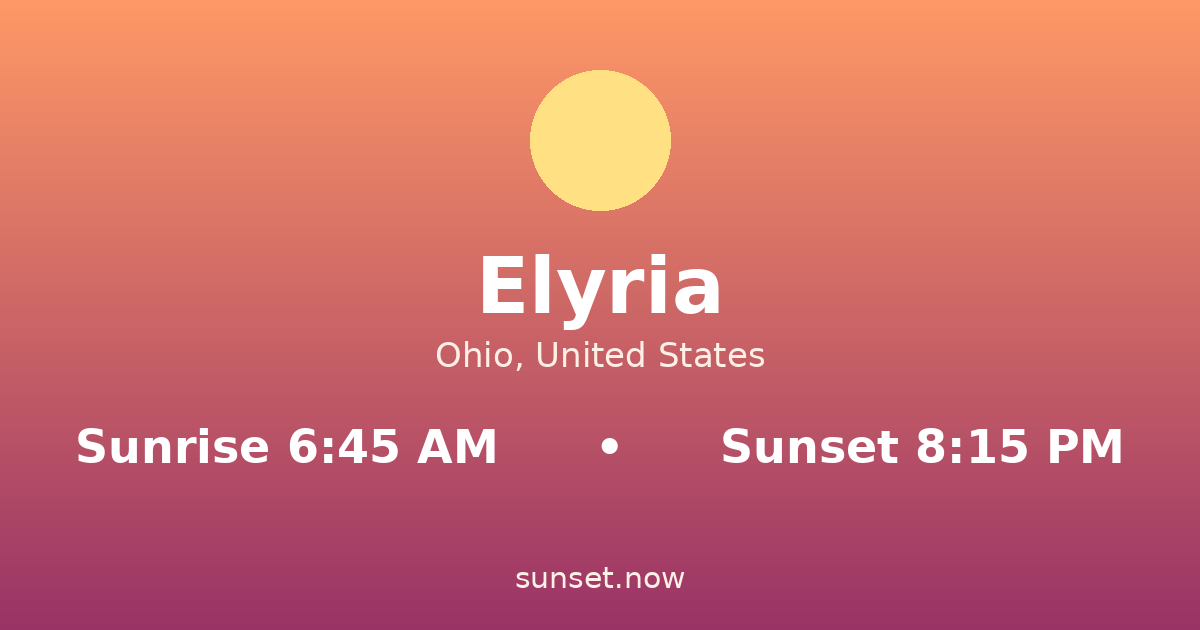 Sunrise & sunset times in Elyria, Ohio — sunrise 6:45 AM, sunset 8:15 PM