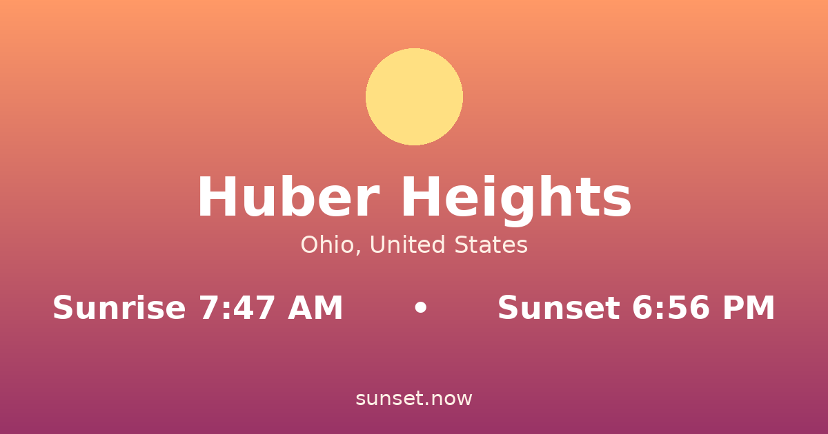 Sunrise & sunset times in Huber Heights, Ohio — sunrise 7:47 AM, sunset 6:56 PM
