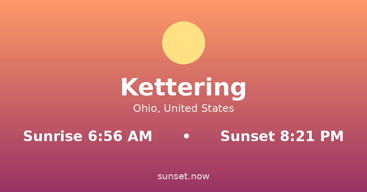 Sunrise & sunset times in Kettering, Ohio — sunrise 6:56 AM, sunset 8:21 PM