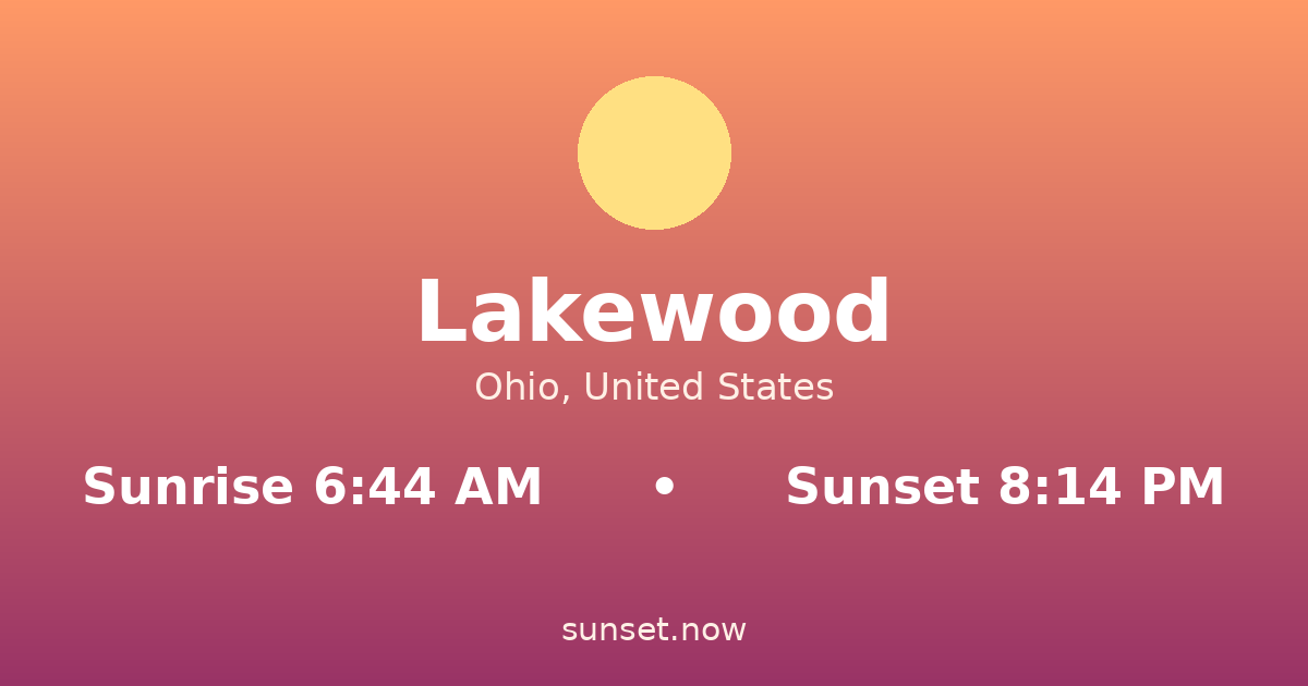 Sunrise & sunset times in Lakewood, Ohio — sunrise 6:44 AM, sunset 8:14 PM