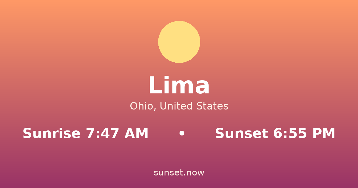 Sunrise & sunset times in Lima, Ohio — sunrise 7:47 AM, sunset 6:55 PM