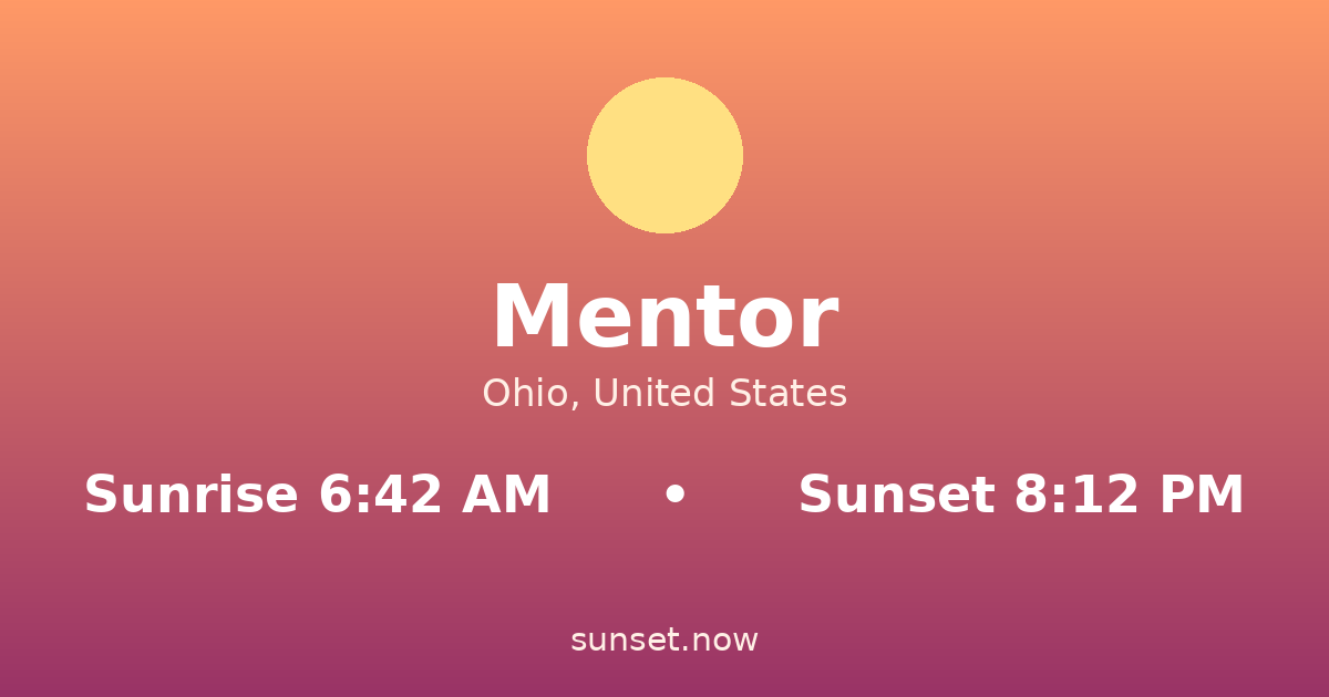 Sunrise & sunset times in Mentor, Ohio — sunrise 6:42 AM, sunset 8:12 PM