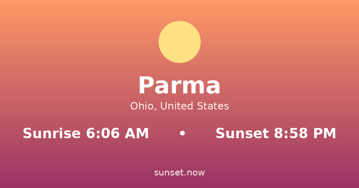 Sunrise & sunset times in Parma, Ohio — sunrise 6:06 AM, sunset 8:58 PM