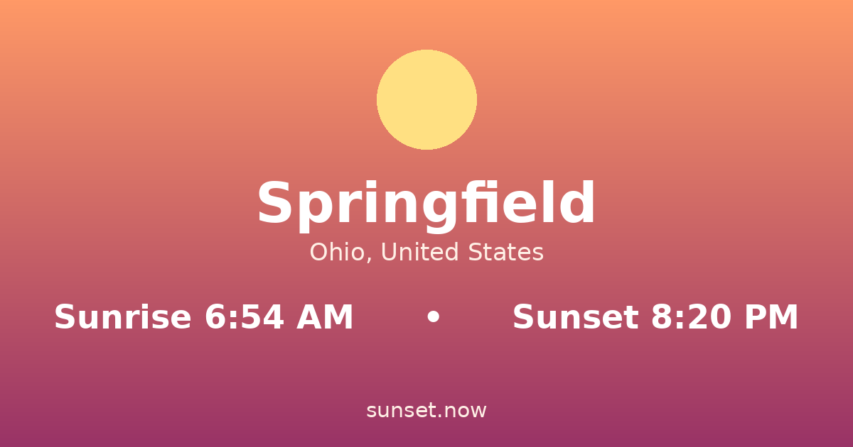 Sunrise & sunset times in Springfield, Ohio — sunrise 6:54 AM, sunset 8:20 PM