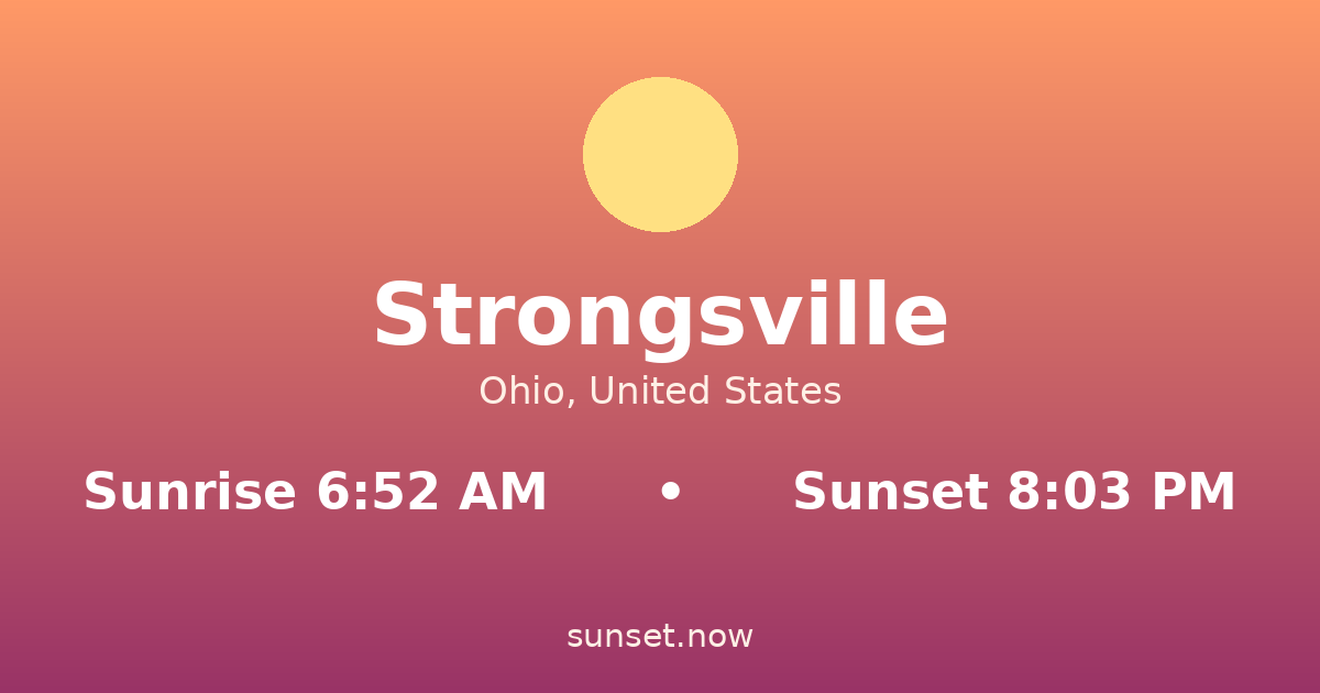 Sunrise & sunset times in Strongsville, Ohio — sunrise 6:51 AM, sunset 8:04 PM