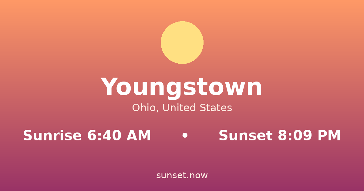 Sunrise & sunset times in Youngstown, Ohio — sunrise 6:40 AM, sunset 8:09 PM