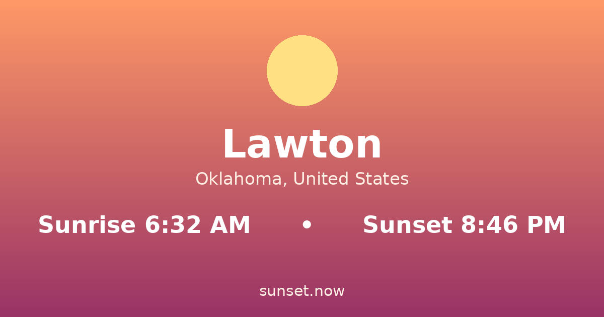Sunrise & sunset times in Lawton, Oklahoma — sunrise 6:32 AM, sunset 8:46 PM