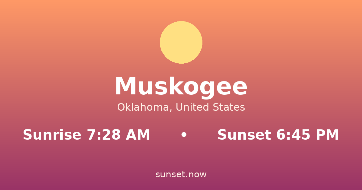 Sunrise & sunset times in Muskogee, Oklahoma — sunrise 7:28 AM, sunset 6:45 PM