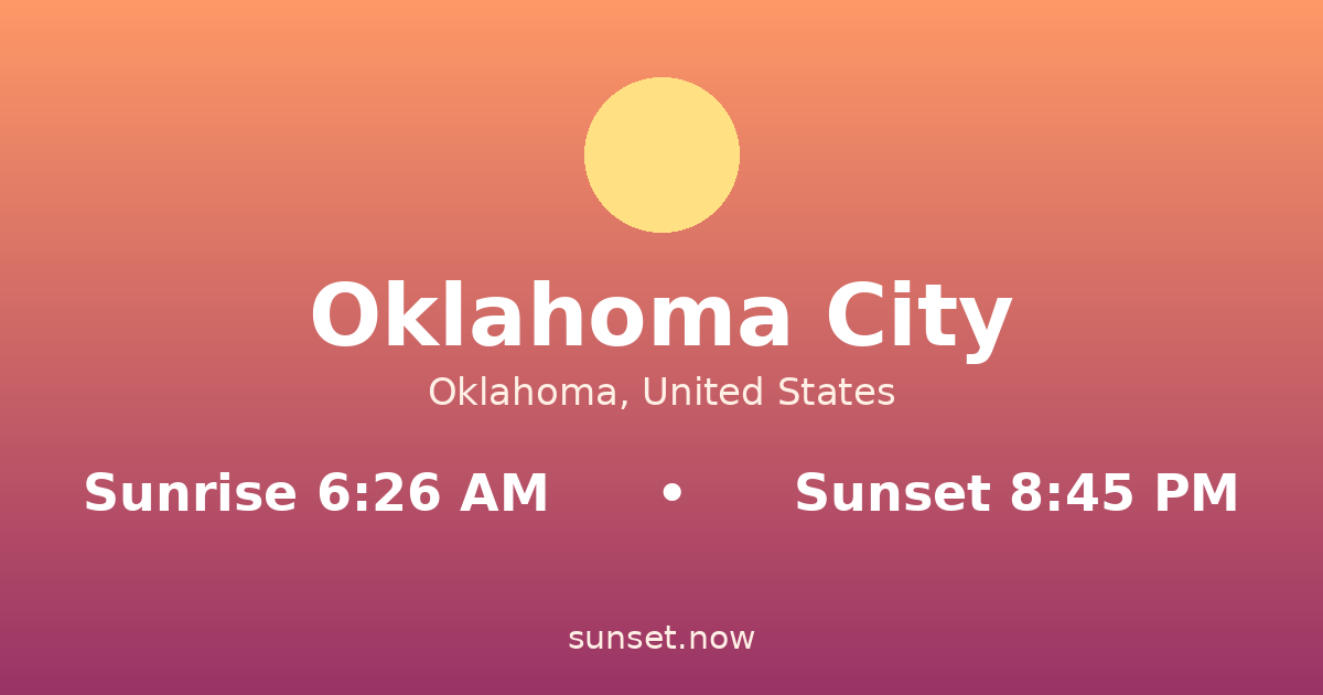 Sunrise & sunset times in Oklahoma City, Oklahoma — sunrise 6:26 AM, sunset 8:45 PM
