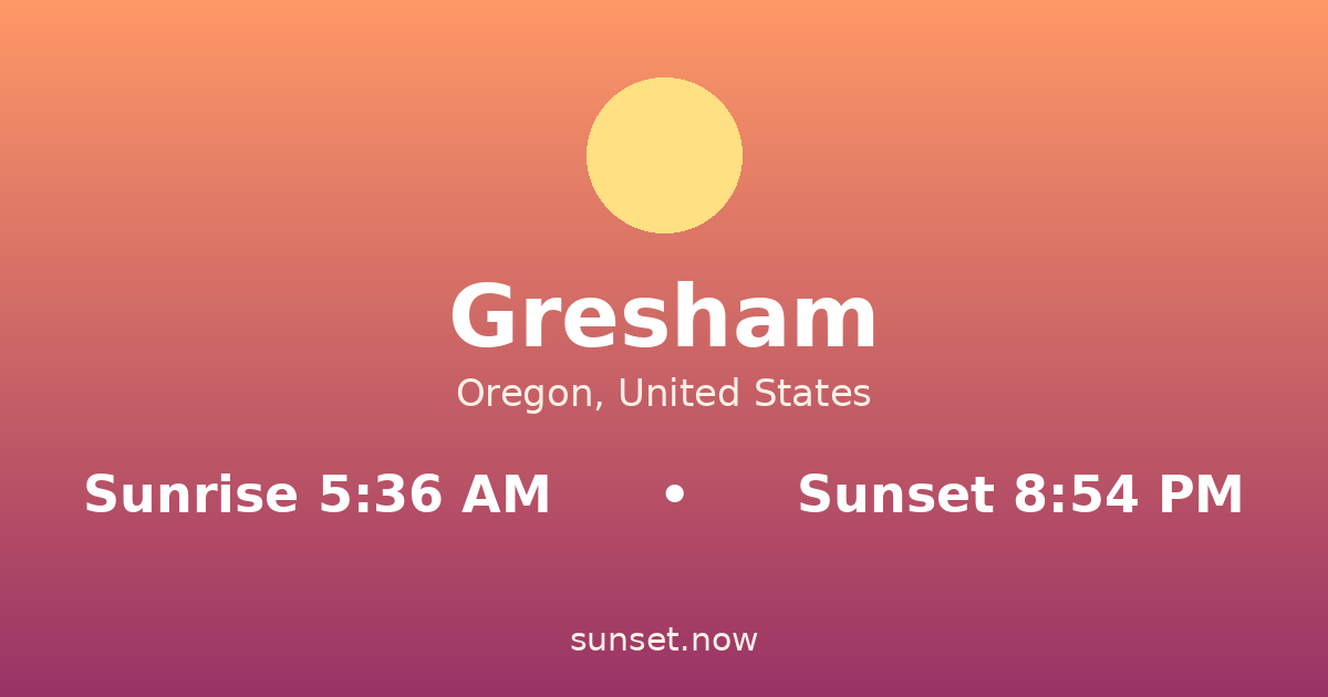 Sunrise & sunset times in Gresham, Oregon — sunrise 5:36 AM, sunset 8:54 PM