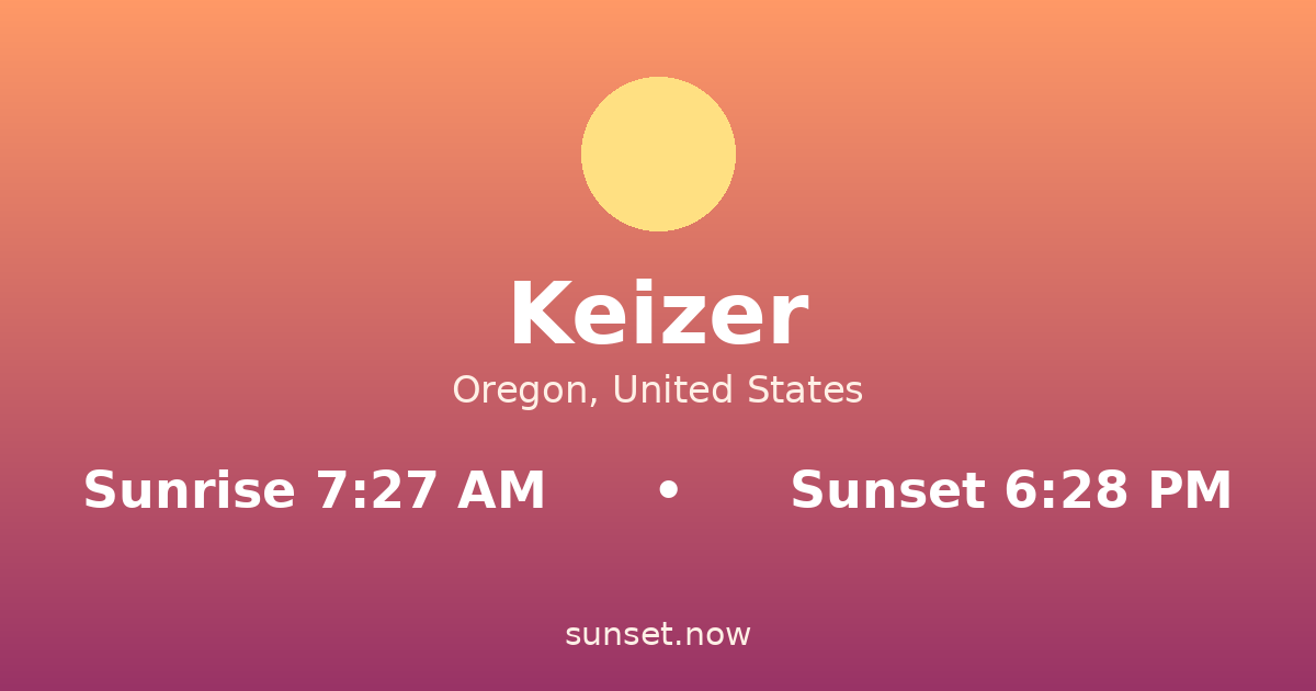 Sunrise & sunset times in Keizer, Oregon — sunrise 7:27 AM, sunset 6:28 PM