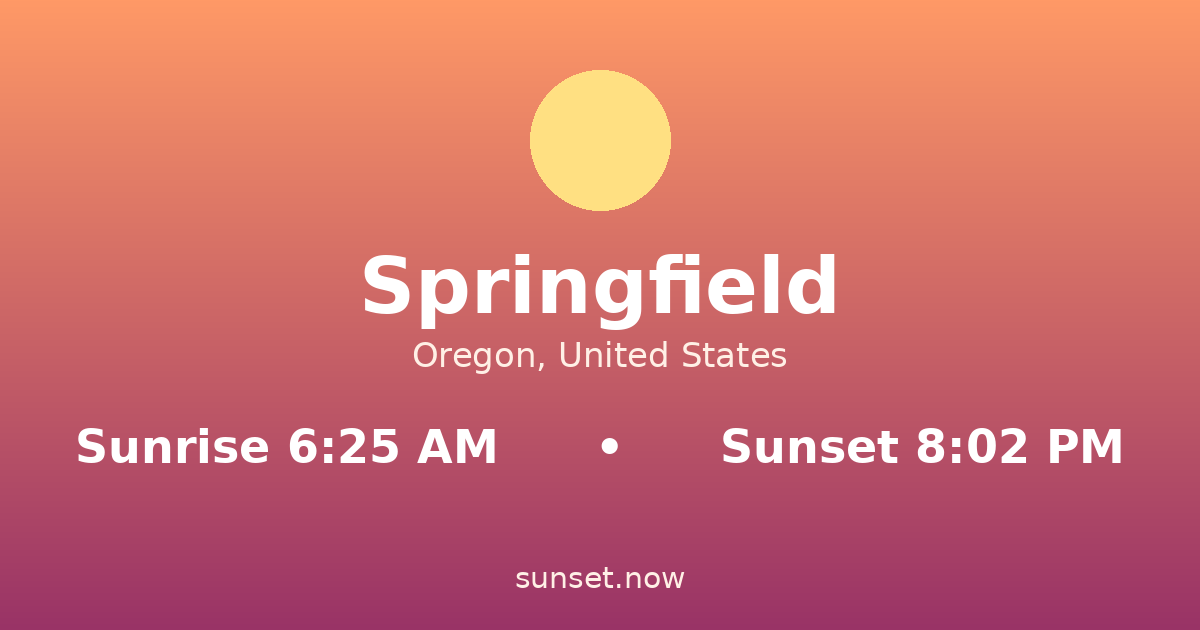Sunrise & sunset times in Springfield, Oregón — sunrise 6:25 AM, sunset 8:02 PM