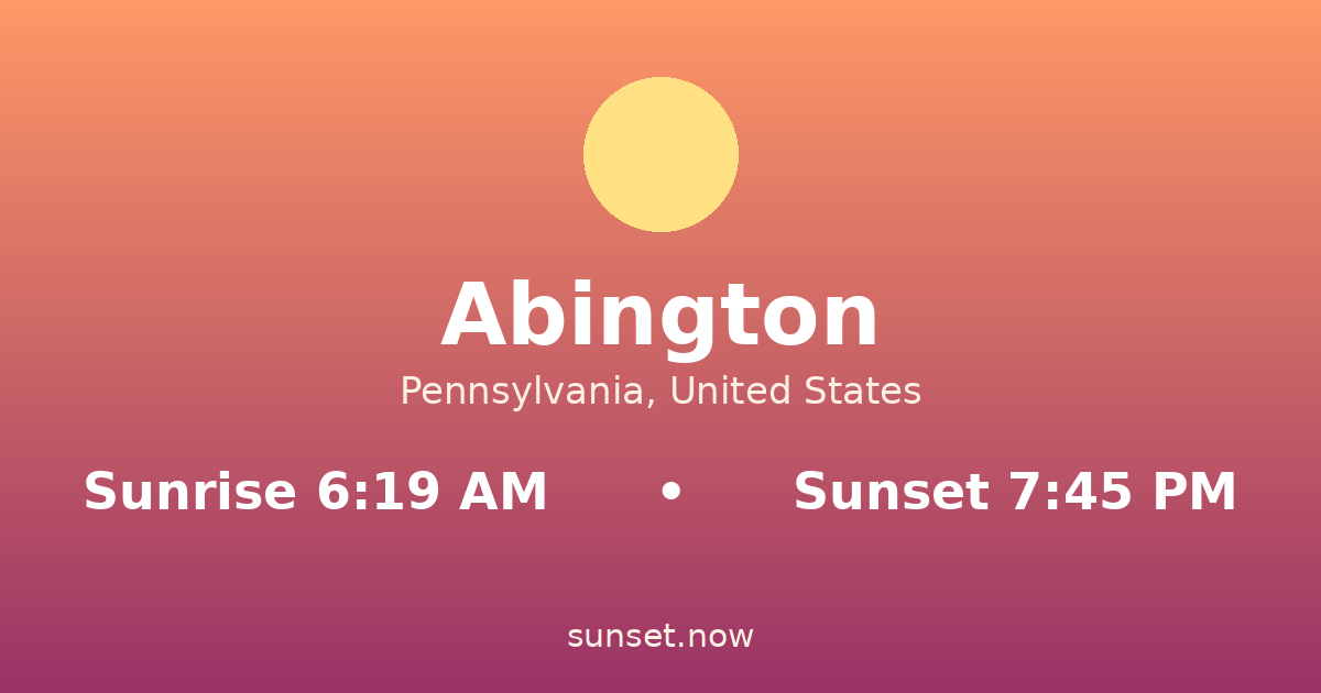 Sunrise & sunset times in Abington, Pensilvania — sunrise 6:19 AM, sunset 7:45 PM