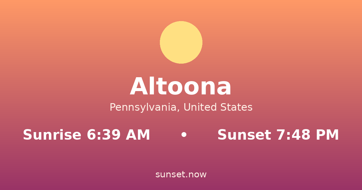 Sunrise & sunset times in Altoona, Pennsylvania — sunrise 6:38 AM, sunset 7:49 PM