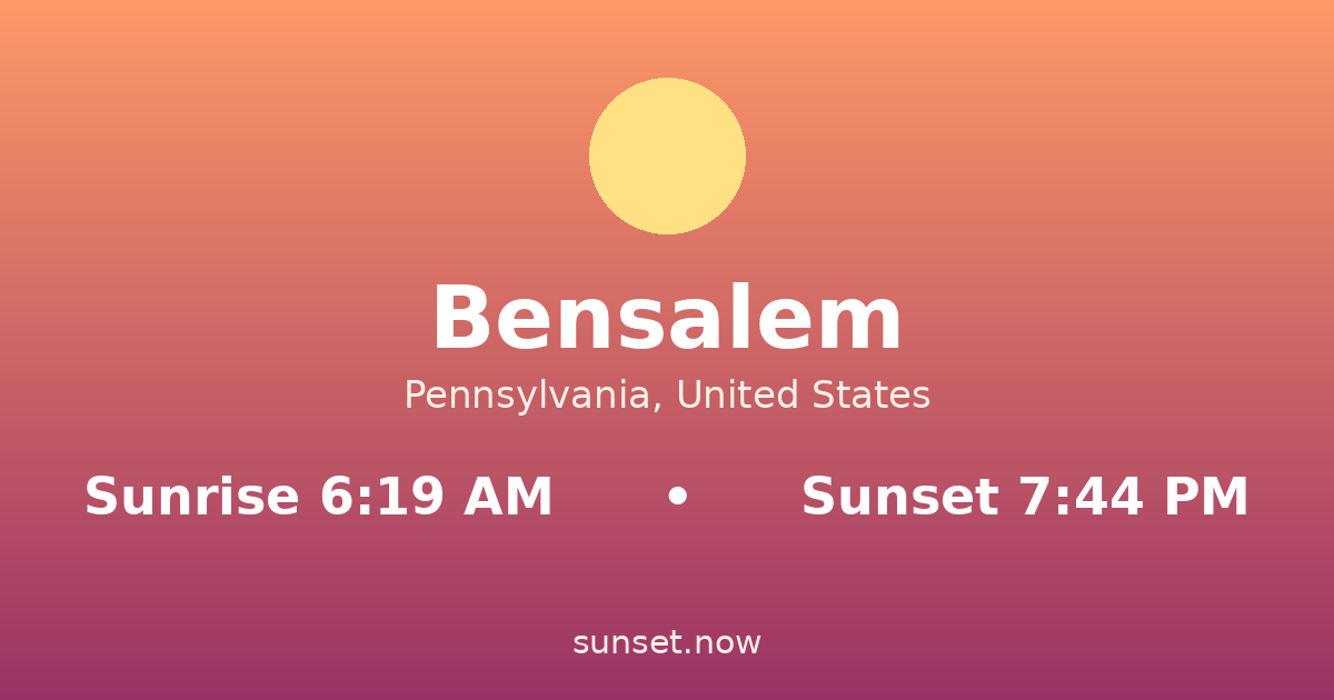 Sunrise & sunset times in Bensalem, Pensilvania — sunrise 6:19 AM, sunset 7:44 PM