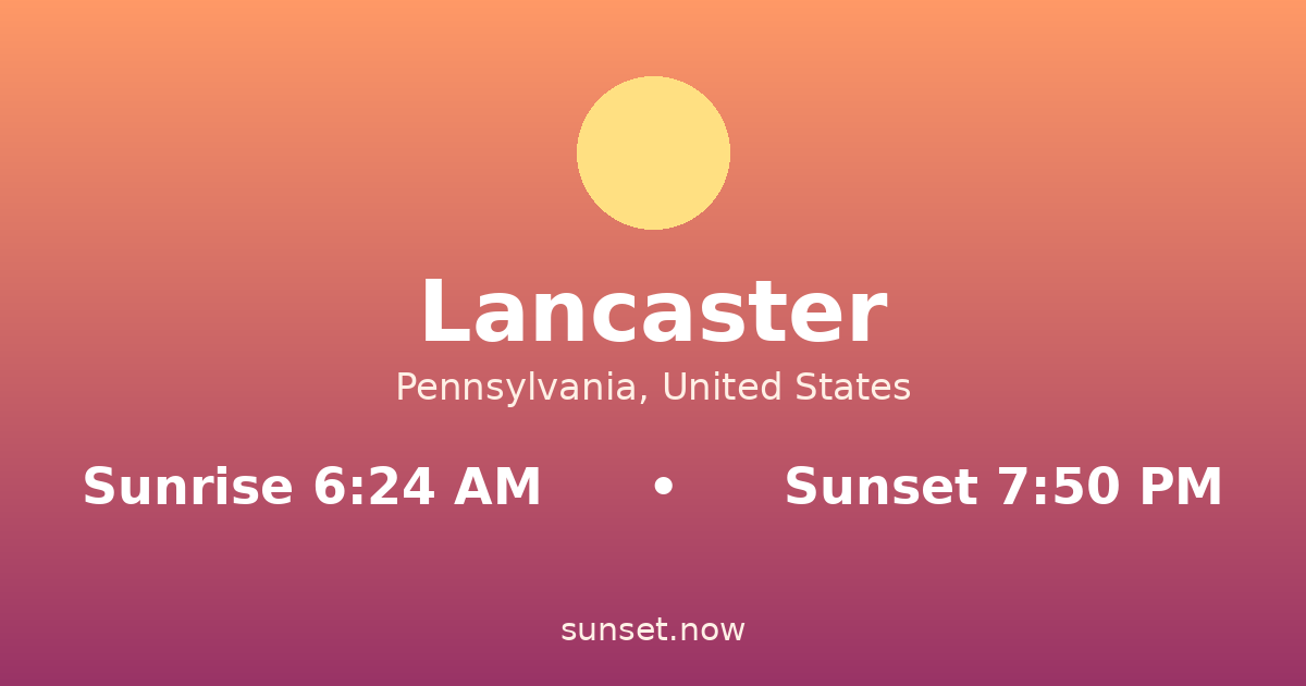 Sunrise & sunset times in Lancaster, Pensilvania — sunrise 6:24 AM, sunset 7:50 PM
