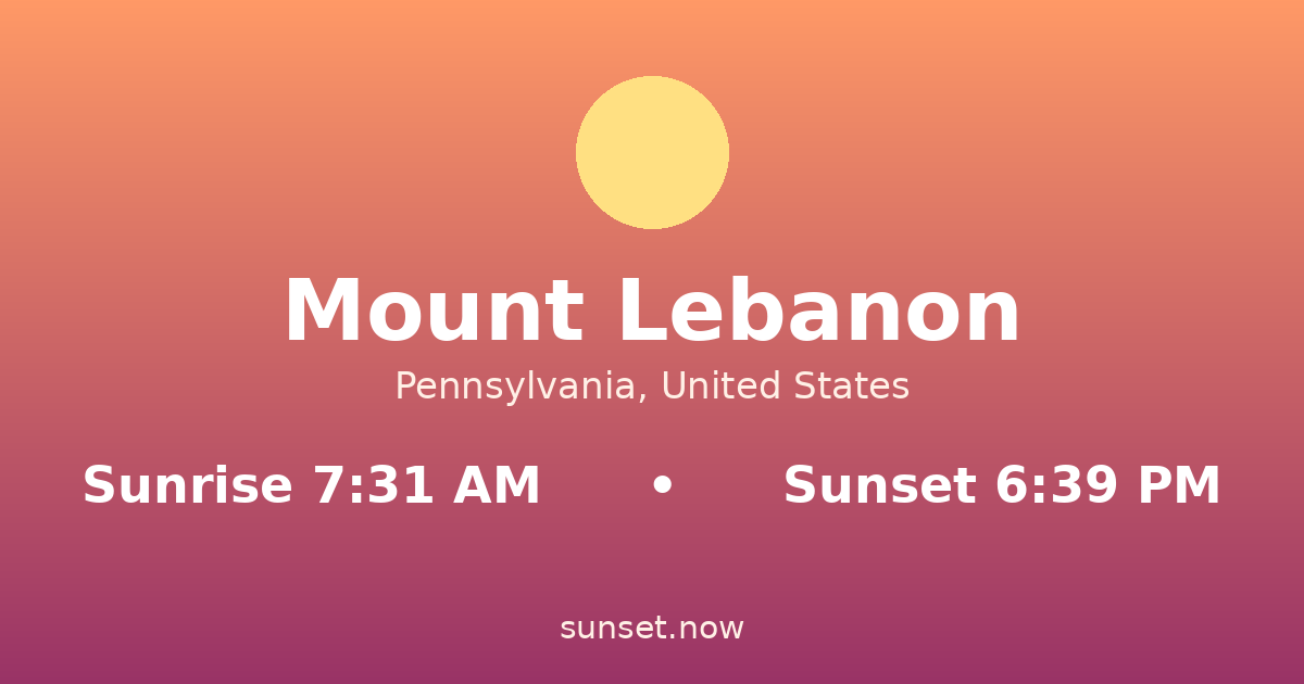 Sunrise & sunset times in Mount Lebanon, Pensilvania — sunrise 7:31 AM, sunset 6:39 PM