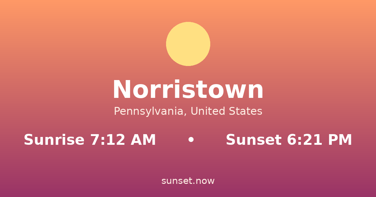 Sunrise & sunset times in Norristown, Pennsylvania — sunrise 7:12 AM, sunset 6:21 PM