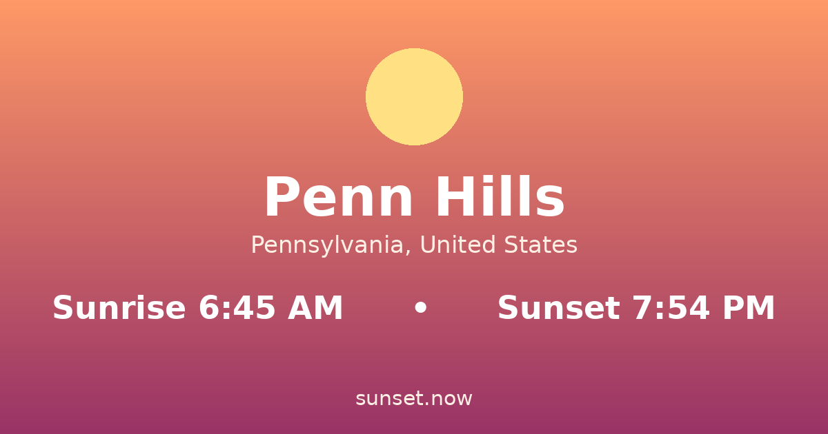 Sunrise & sunset times in Penn Hills, Pennsylvania — sunrise 6:44 AM, sunset 7:55 PM