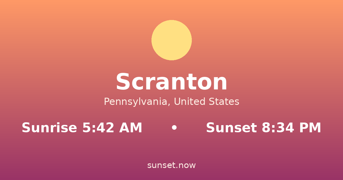 Sunrise & sunset times in Scranton, Pennsylvania — sunrise 5:42 AM, sunset 8:34 PM