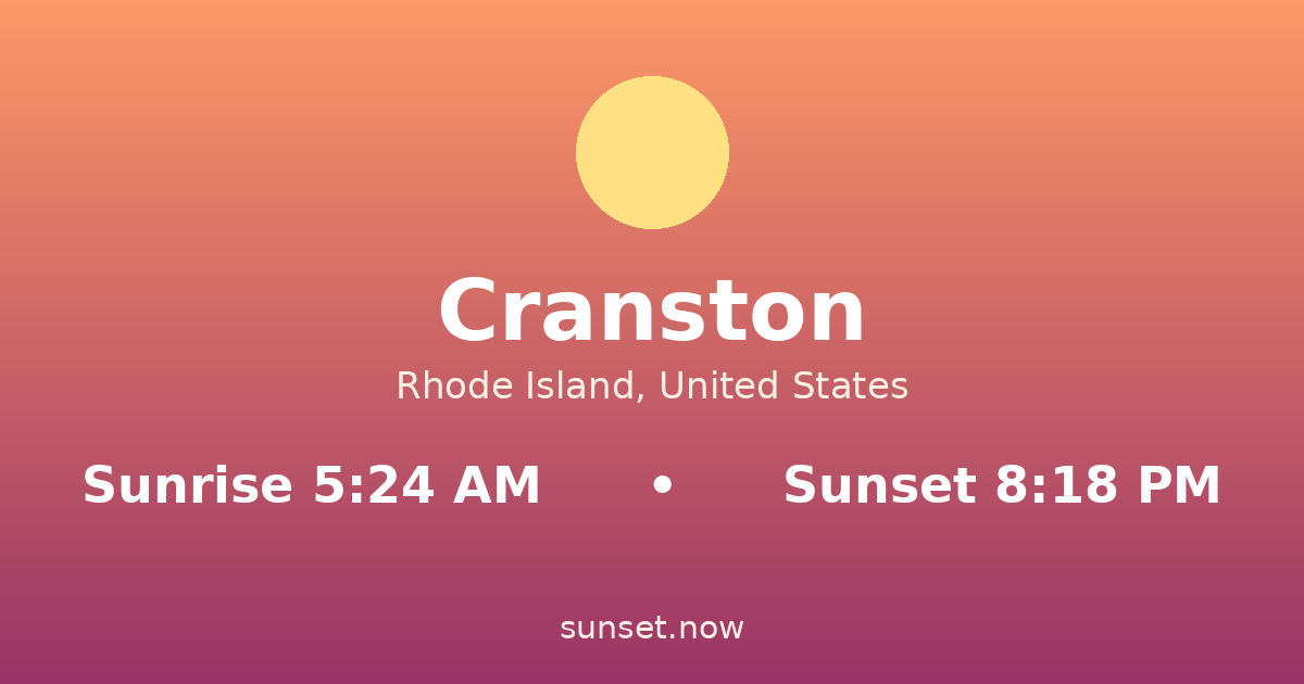 Sunrise & sunset times in Cranston, Rhode Island — sunrise 5:24 AM, sunset 8:18 PM