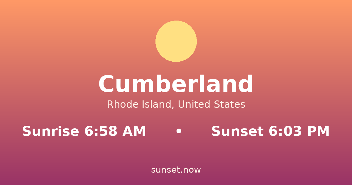 Sunrise & sunset times in Cumberland, Rhode Island — sunrise 6:58 AM, sunset 6:03 PM