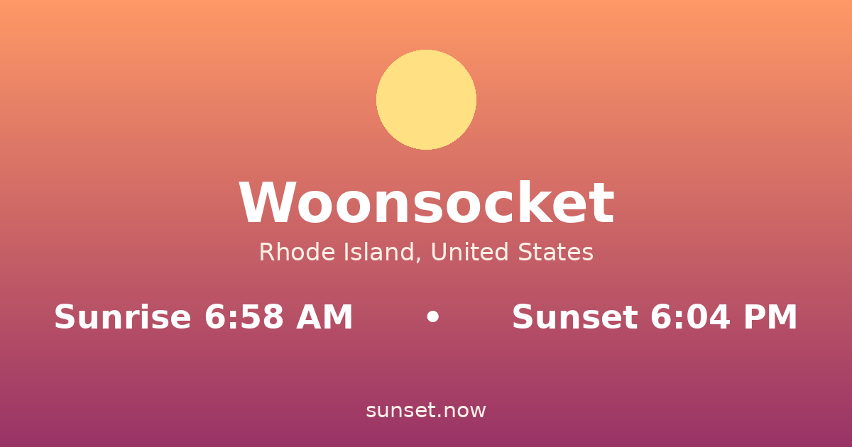 Sunrise & sunset times in Woonsocket, Rhode Island — sunrise 6:58 AM, sunset 6:04 PM