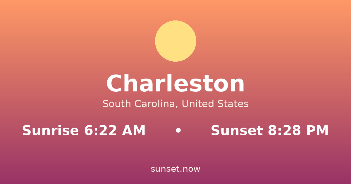 Sunrise & sunset times in Charleston, South Carolina — sunrise 6:22 AM, sunset 8:28 PM