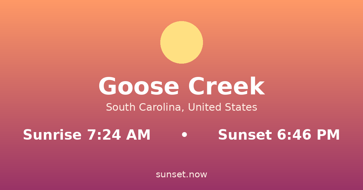 Sunrise & sunset times in Goose Creek, South Carolina — sunrise 7:24 AM, sunset 6:46 PM