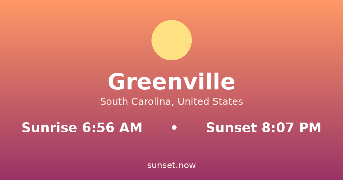 Sunrise & sunset times in Greenville, Carolina del Sur — sunrise 6:56 AM, sunset 8:07 PM