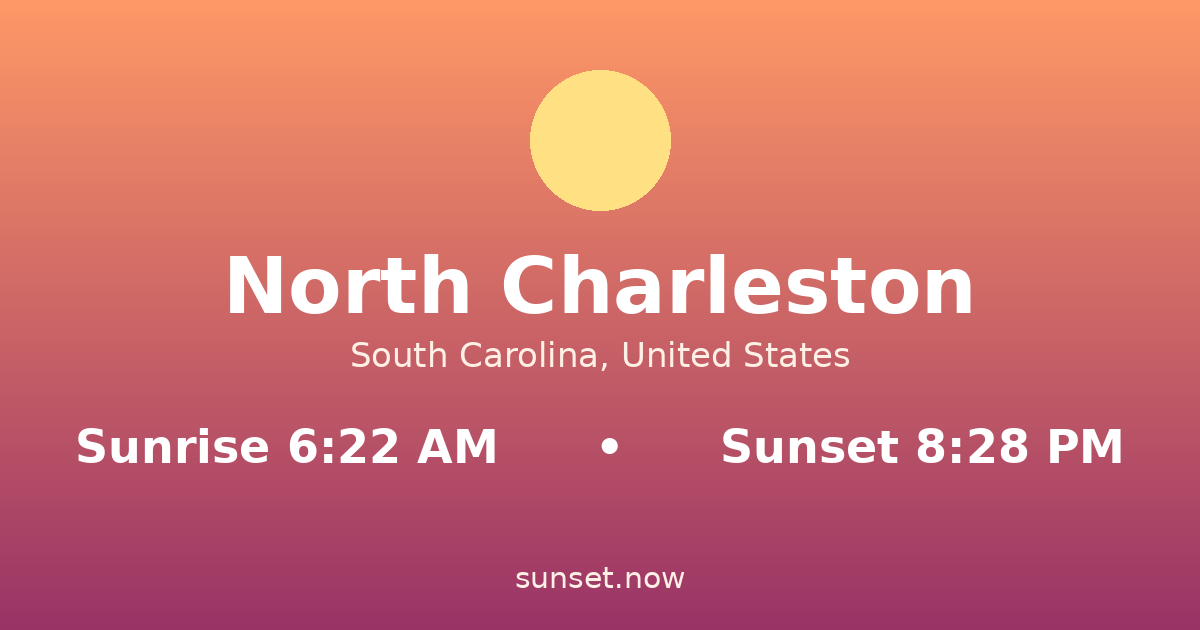 Sunrise & sunset times in North Charleston, South Carolina — sunrise 6:22 AM, sunset 8:28 PM