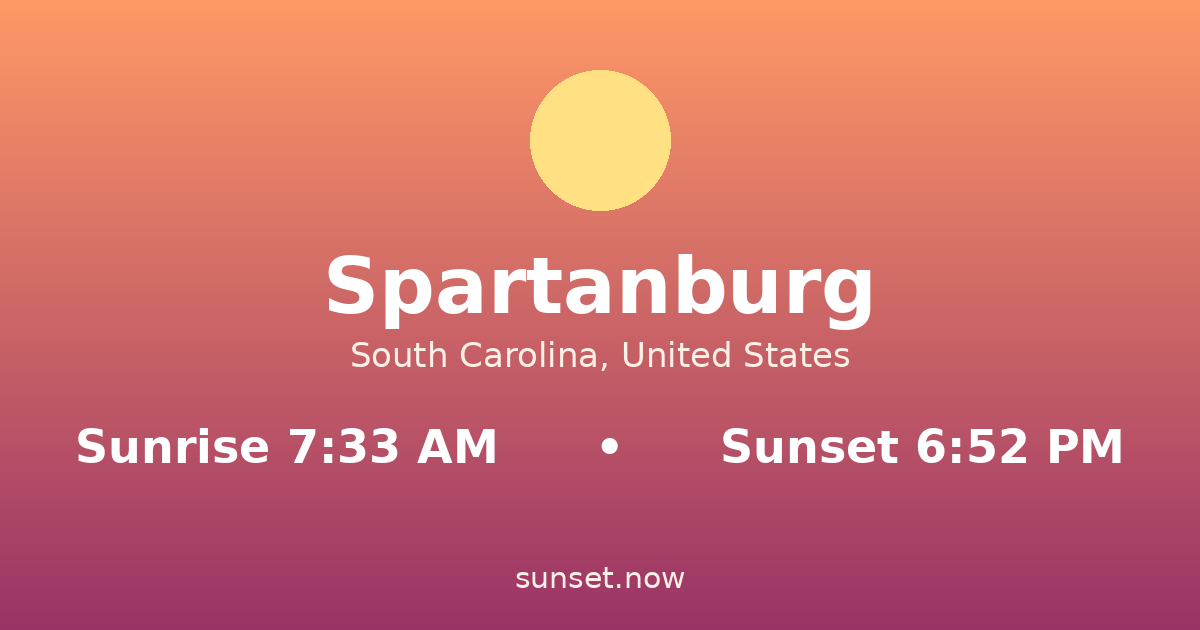 Sunrise & sunset times in Spartanburg, South Carolina — sunrise 7:33 AM, sunset 6:52 PM