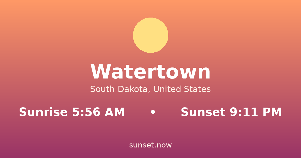 Sunrise & sunset times in Watertown, South Dakota — sunrise 5:56 AM, sunset 9:11 PM