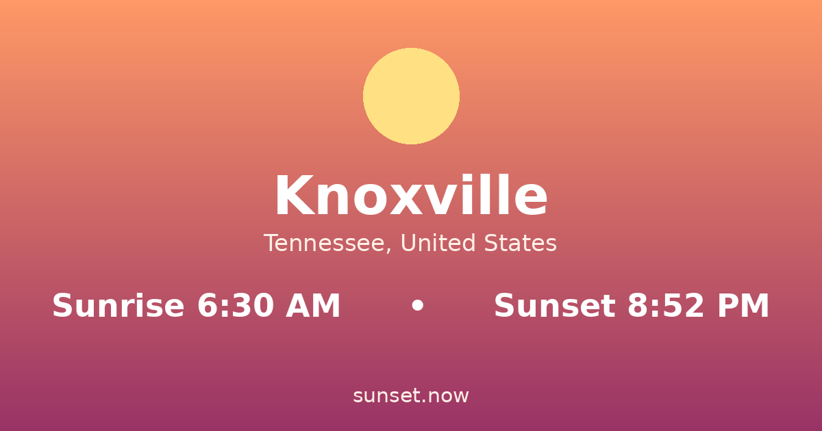 Sunrise & sunset times in Knoxville, Tennessee — sunrise 6:30 AM, sunset 8:52 PM